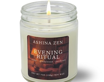 Evening Ritual Soy Candle – Sandalwood Cedar & Patchouli Scent – Grounding Farmhouse Candle – Handmade, 7oz
