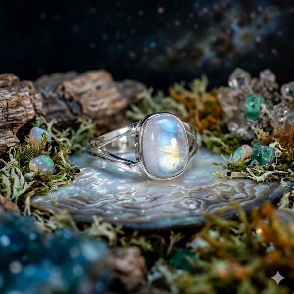 AA Quality Natural Rainbow Moon Stone Ring - 925 Sterling Silver Ring Size (5-12)