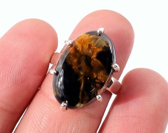 Op de afbeelding: Een zilveren ring met een ovale edelsteen met zwarte en goudbruine tinten. De edelsteen is gezet met vier zilveren klauwen. De ring wordt door de vingers van een persoon vastgehouden.