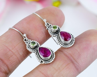 Handmade 925 Sterling Silver Kashmir Ruby & Peridot Earring