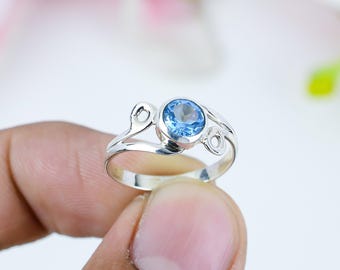 925 Sterling Silver Ring - Natural Blue Topaz Gemstone - Handmade Ring (5-12)