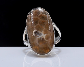 Handgemaakte ring met fossiel koraal - 925 sterlingzilver edelsteen ringmaat (5-12)