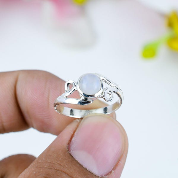 Handmade Rainbow Moonstone Sterling Silver Ring - Size 5 to 12