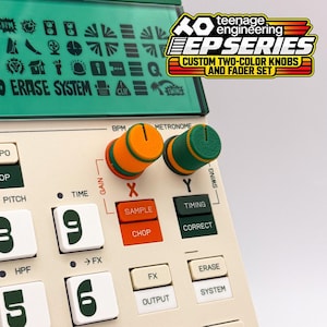 Perillas y faders personalizados de dos colores para samplers de la serie EP de Teenage Engineering.