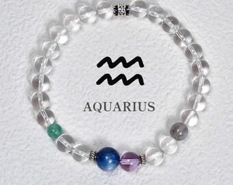 Pulsera de cristal del zodiaco Acuario • Cianita, piedra lunar y cuarzo