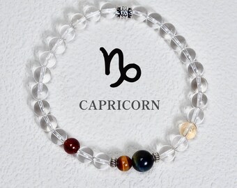 Pulsera de cristal del zodiaco Capricornio • Granate, ojo de tigre y cuarzo