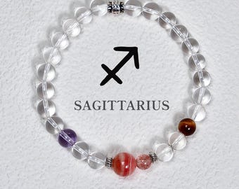 Pulsera de cristal del zodiaco Sagitario • Amatista, ojo de tigre, cuarzo