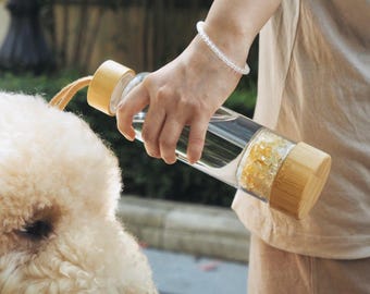 Botella de agua con infusión de cristales (400 ml) / Elixir de piedras preciosas, tapa de bambú