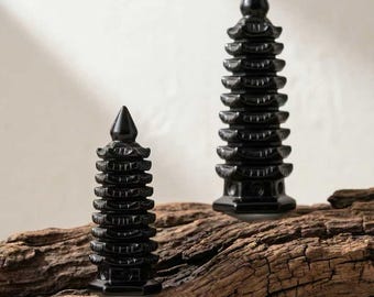 Pagoda Wenchang de obsidiana negra natural - Torre Feng Shui de 9 niveles para el éxito académico y la promoción profesional - Decoración zen para oficinas - 10 cm/15 cm
