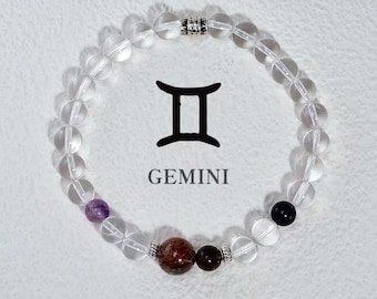 Pulsera de cristal del zodiaco Géminis • Amatista, turmalina, cuarzo