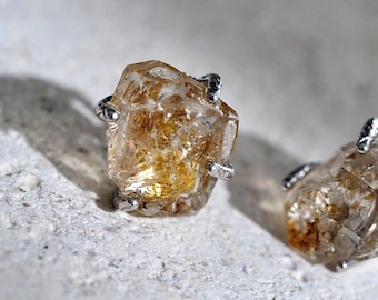 Pendientes de diamantes Herkimer / Cuarzo en bruto, Plata de ley