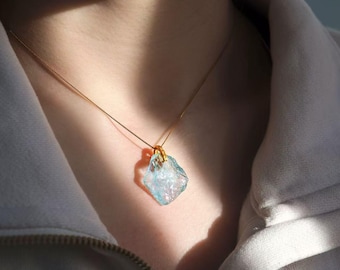 Raw Aquamarine Pendant, 925 Gold Vermeil Bail, Healing Crystal