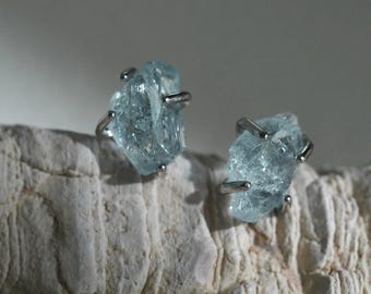 Pendientes de aguamarina en bruto: plata 925, cristal natural, piedra natal de marzo