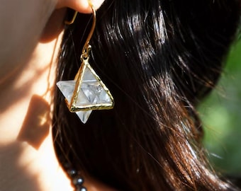 Pendientes Merkaba de Cuarzo del Himalaya, Plata 925 y Oro Vermeil, Geometría Sagrada