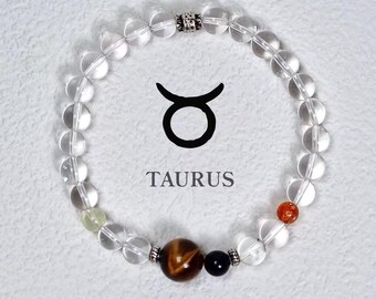 Pulsera del zodiaco Tauro • Piedras preciosas de prehnita, piedra solar y ojo de tigre