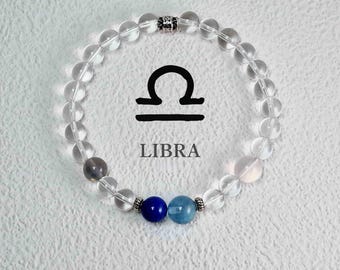 Pulsera de cristal del zodiaco Libra • Lapislázuli, cuarzo rosa, aguamarina