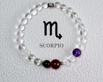 Pulsera del signo zodiacal Escorpio • Granate, amatista, turmalina marrón, piedra lunar azul y cuarzo cristal • Regalo astrológico de transformación