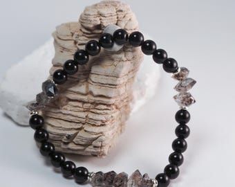 Pulsera de turmalina negra y cuarzo en bruto con diamante Herkimer / Protección energética / Limpieza y despertar espiritual