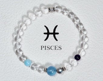 Pulsera del signo zodiacal Piscis • Aguamarina, piedra lunar gris, amatista, mineral curativo y cuarzo cristal • Regalo de astrología Serenity