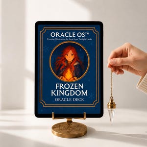 Könnte beinhalten: Ein Tablet mit dem Oracle OS Frozen Kingdom Orakeldeck, das eine zentrale Illustration einer rothaarigen Figur mit Feuer zeigt, umrahmt von goldenen Linien. Ein spitzes, klares Kristallpendel an einer Goldkette hängt neben dem Tabletständer.