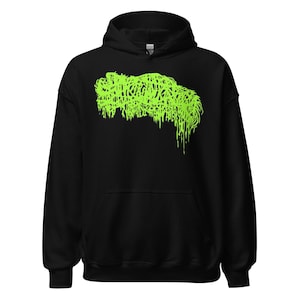May include: Black hooded sweatshirt with a neon green abstract design on the front. The graphic appears to be a tangled, dripping shape. The sweatshirt has a front pocket and a drawstring hood.