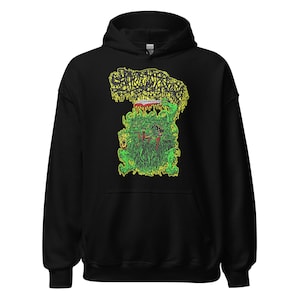 May include: Black hooded sweatshirt featuring a vibrant graphic design. The design includes a green, yellow, and red monster-like figure. The graphic is centered on the front of the sweatshirt, creating a bold visual statement.