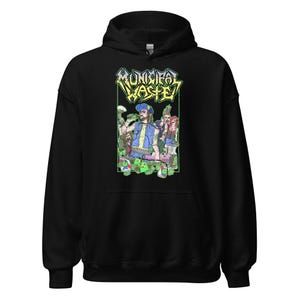 May include: Black hooded sweatshirt featuring a colorful graphic of a band with the text "Municipal Waste" in a green and yellow design. The graphic depicts cartoon figures in a green border. The sweatshirt is made of a soft material.