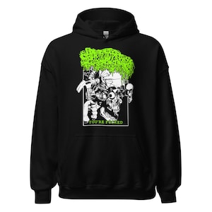May include: Black hooded sweatshirt featuring a graphic of a skull with green hair and a hammer. The skull has a detailed design with an eye and the text "YOU'RE FUCKED" in a white rectangular frame.