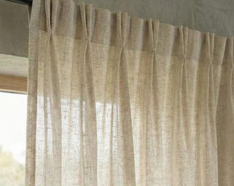 Linen Look Double Pinch Pleated Natural Cotton Sheer Curtains for Bedroom Living room, Custom Size Extra Long Drapery, Cafe Curtain Sheer