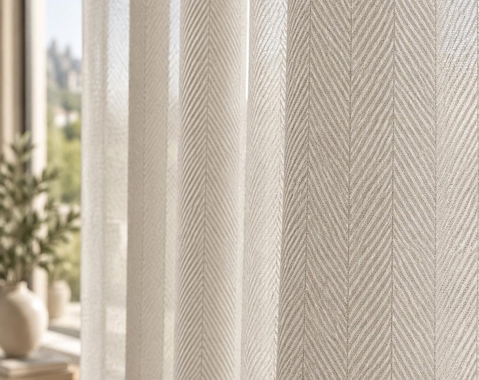 Featured listing image: Herringbone Linen Look Sheer S-Fold Drapes, Custom Motorized Track Curtains