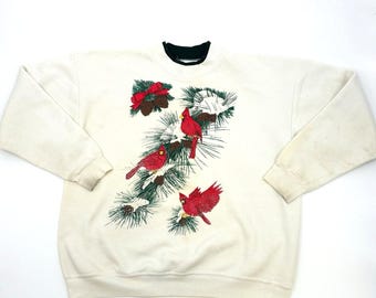 Vintage 90s Nature Sweatshirt XL Crew Neck Cardinal Birds Big Graphic Grannycore