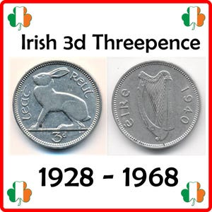 Może przedstawiać: Dwie irlandzkie monety 3d Threepence z lat 1928-1968. Jedna moneta przedstawia zająca, druga harfę. Tekst "Irish 3d Threepence" znajduje się nad monetami. Lata 1928-1968 są pod monetami. Monety są srebrne.