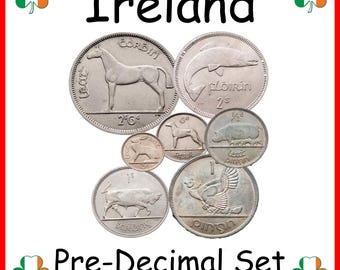 Juego de monedas irlandesas predecimales: 7 monedas irlandesas originales. Moneda irlandesa coleccionable.
