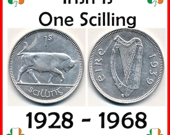Irlandzka moneta jednoszylingowa – wzór byka (1928–1968) – zabytkowa moneta Irlandii sprzed wprowadzenia systemu dziesiętnego