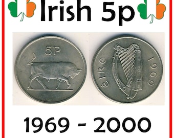 Irlandzka moneta 5 pensów – wzór byka (1969–2000) – zabytkowa moneta dziesiętna Irlandii