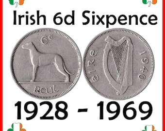 Vintage irländsk 6 pence – Varghundsmotiv – Irlands mynt före decimaldatumet