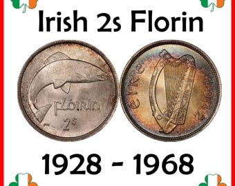 Irlandzkie 2 szylingi (floryny) – wzór łososia (1928-1968) – zabytkowa moneta irlandzka