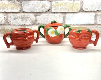 Cara de tomate / Margarita ~ Azucarero, Crema para café, Hecho en el Japón ocupado ~ Pintado a mano en la década de 1940
