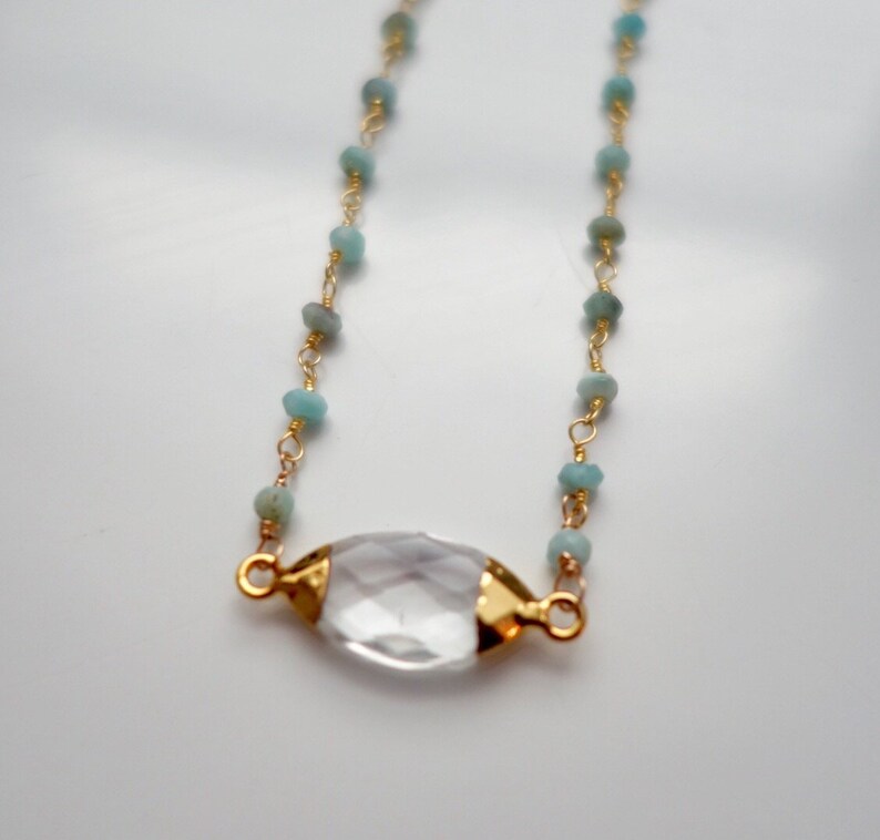 Sparkling Quartz druzSparkling Quartz druzy on handwoven on 14 karat gold Fill and faceted larimar necklace