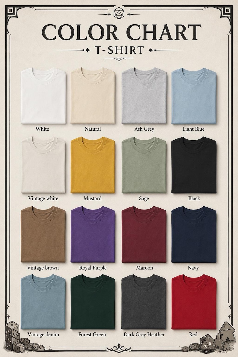 Op de afbeelding: Kleurenkaart met T-shirts in diverse kleuren, waaronder wit, asgrijs, lichtblauw, mosterd, zwart, koninklijk paars, marineblauw en rood. Elk shirt wordt netjes weergegeven, waarbij de beschikbare kleuropties worden getoond.