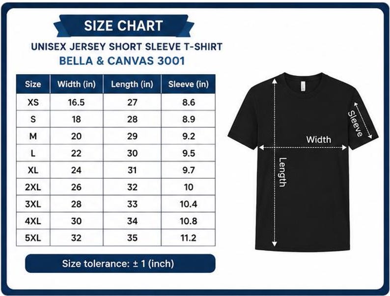 Op de afbeelding: Maattabel voor een unisex jersey T-shirt met korte mouwen, met afmetingen in inches. De tabel bevat maten XS tot 5XL, met breedte-, lengte- en mouwmaten. Een zwarte T-shirt-afbeelding illustreert de meetpunten.