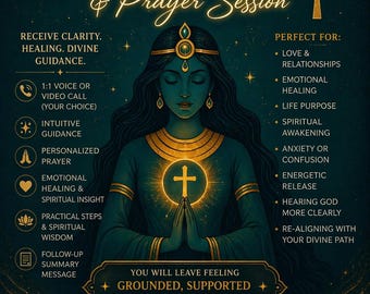 May include: An illustrated advert for a spiritual consultation call and prayer session. The image features a teal-skinned figure with a cross, surrounded by text promoting clarity, healing, and divine guidance. The price is £88.