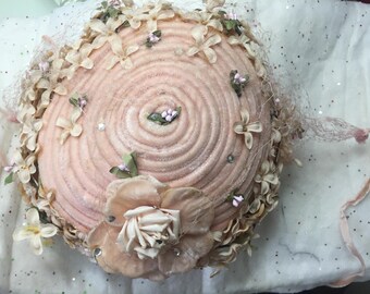 Bee Hive Hat. Rose Details. Pink Velvet