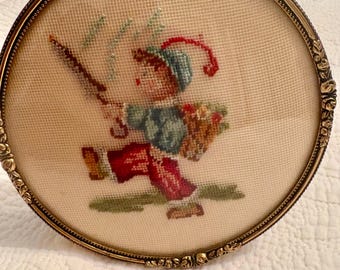 Lovely NeedlePoint Art in Round Gold/Brass Type /Rose Themed Frame. Darling Little Boy with Umbrella in the Rain.