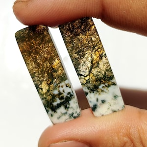Puede incluir: Dos piedras rectangulares de ágata musgosa. Las piedras presentan una mezcla de colores, incluyendo blanco, verde y marrón. Los patrones se asemejan a un paisaje con árboles y musgo. Las piedras son sostenidas por los dedos de una persona.