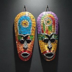 Wooden Mask Decoration, Tribal Statue Wall Decore, A Pair 0f Masks Decorated With Colored Glass
