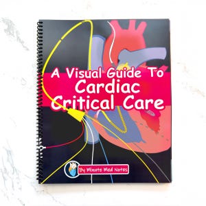 May include: A spiral-bound book titled "A Visual Guide To Cardiac Critical Care." The cover features a stylized illustration of a heart with colorful veins and arteries. The book has a black cover with the text in white and red.