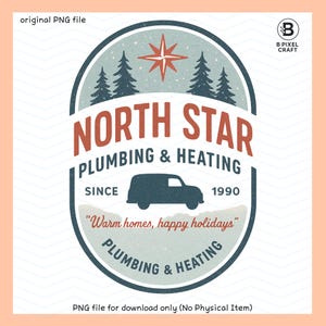 Pode incluir: Um logotipo de estilo vintage para North Star Plumbing & Heating. O design apresenta uma carrinha azul marinho, pinheiros e uma rosa dos ventos. O texto inclui "North Star Plumbing & Heating", "Desde 1990" e "Warm homes, happy holidays".