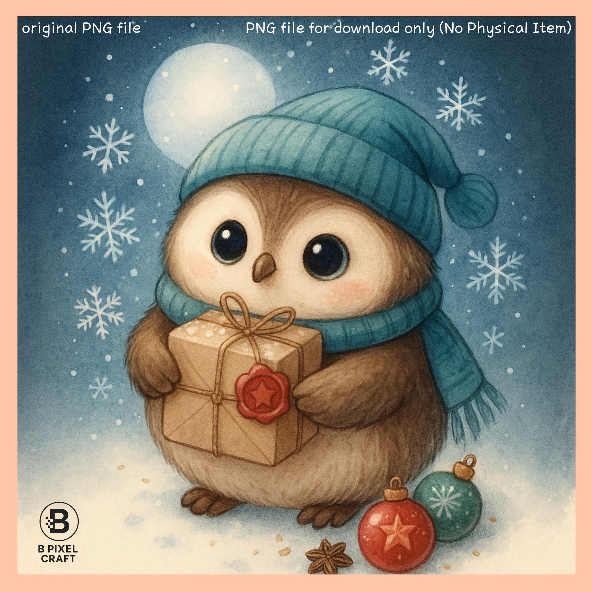 Cute Winter Owl PNG | Kawaii Christmas Clipart with Gift for Sublimation, Stickers & DIY Crafts