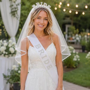 Bride Pearl Headband Veil Sash Set, 3 Piece Bridal Shower Accessories, White Bachelorette Party Bride to Be Headpiece Wedding Photo Prop Kit